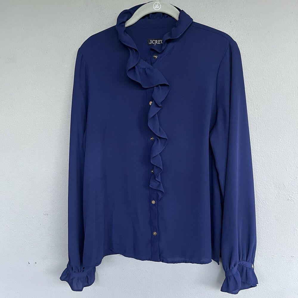 J Crew Navy Sheer Ruffle Blouse Women 12 Gold Button Long Sleeve Preppy Romantic - Picture 1 of 14